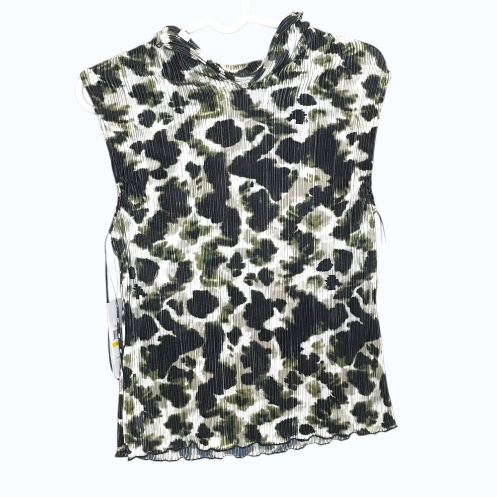 DKNY Pleated Animal Print Sleeveless Blouse Mock Neck Green Black Women M NWT